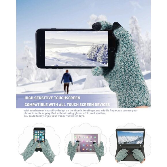 Women's Dark Green Warm Knit Beanie Hat Touchscreen Gloves Long Neck Scarf Set - Picture 4 of 6